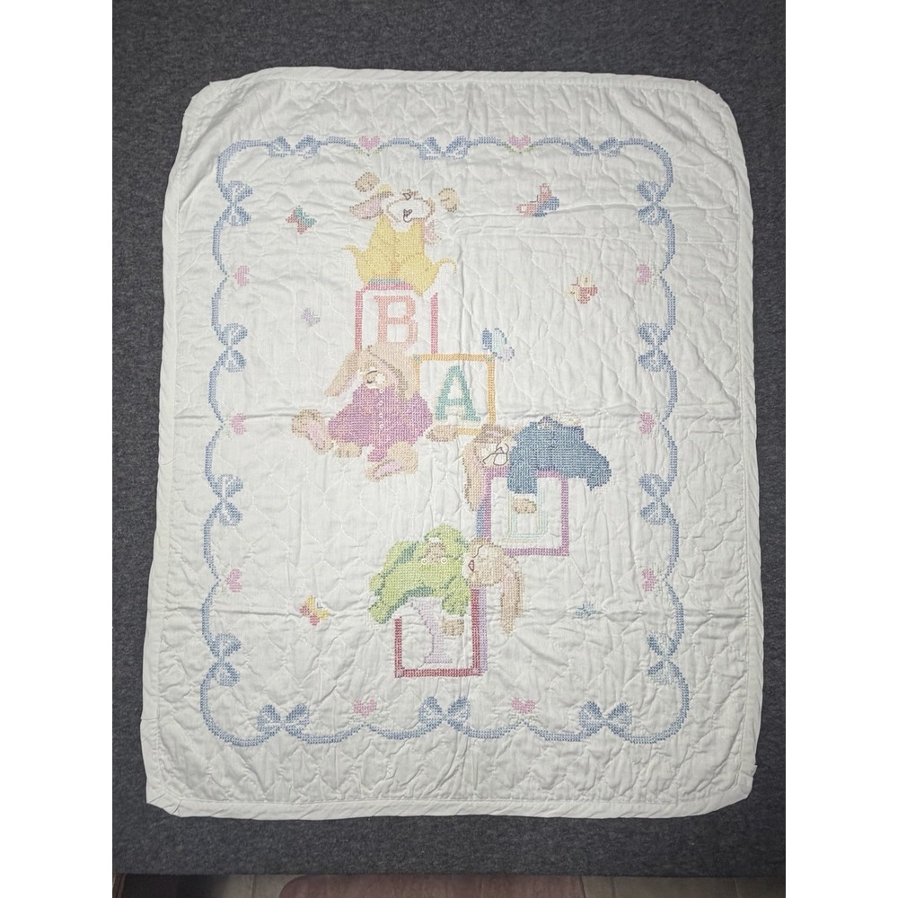 Janlynn Cross Style Stitch Baby Quilt Blanket Sleepy Bunnies 32"X 41" Vintage